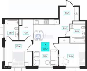 2-к квартира, вторичка, 61м2, 6/23 этаж