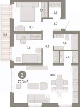 2-к квартира, вторичка, 72м2, 4/9 этаж