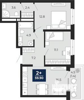 2-к квартира, сданный дом, 63м2, 12/16 этаж
