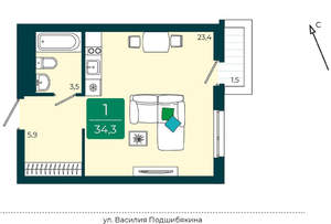 Студия квартира, вторичка, 34м2, 3/17 этаж