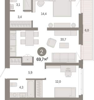 2-к квартира, вторичка, 70м2, 2/25 этаж