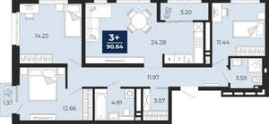 3-к квартира, вторичка, 90м2, 2/24 этаж