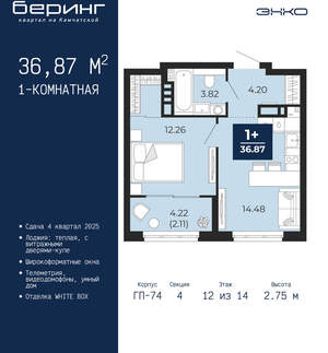 1-к квартира, вторичка, 37м2, 12/21 этаж