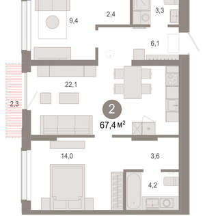 2-к квартира, вторичка, 67м2, 4/17 этаж