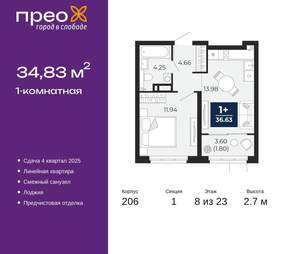 1-к квартира, вторичка, 35м2, 8/22 этаж