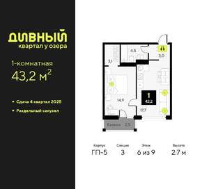 1-к квартира, вторичка, 43м2, 6/9 этаж