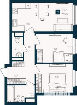 2-к квартира, строящийся дом, 59м2, 17/25 этаж