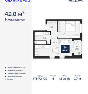 1-к квартира, вторичка, 43м2, 13/16 этаж