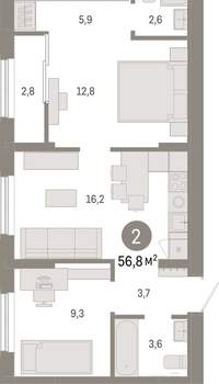 2-к квартира, вторичка, 57м2, 9/17 этаж
