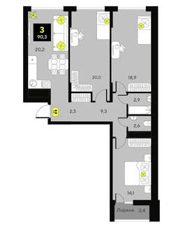 3-к квартира, сданный дом, 90м2, 2/23 этаж