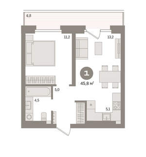 1-к квартира, вторичка, 46м2, 8/9 этаж