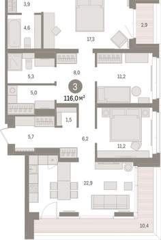 3-к квартира, вторичка, 116м2, 7/16 этаж
