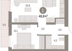 1-к квартира, вторичка, 49м2, 6/25 этаж