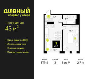 1-к квартира, вторичка, 43м2, 8/17 этаж