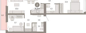 2-к квартира, вторичка, 71м2, 4/25 этаж
