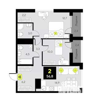 2-к квартира, вторичка, 57м2, 4/17 этаж