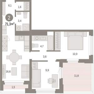 2-к квартира, вторичка, 71м2, 5/25 этаж