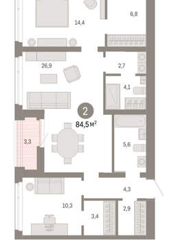 2-к квартира, вторичка, 85м2, 9/25 этаж