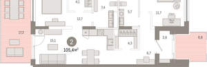 2-к квартира, вторичка, 105м2, 1/17 этаж