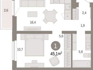 1-к квартира, вторичка, 45м2, 8/16 этаж