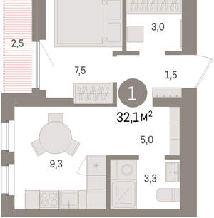 1-к квартира, вторичка, 32м2, 6/16 этаж