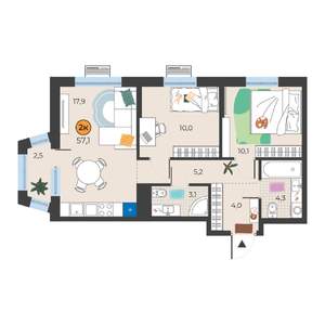 2-к квартира, вторичка, 55м2, 17/19 этаж