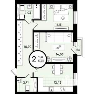 2-к квартира, вторичка, 56м2, 3/4 этаж