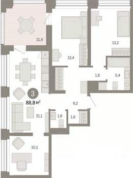 3-к квартира, вторичка, 89м2, 7/8 этаж