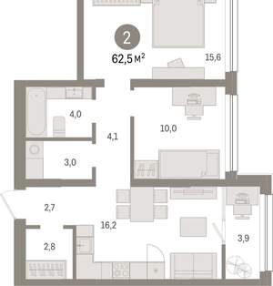2-к квартира, вторичка, 62м2, 5/9 этаж
