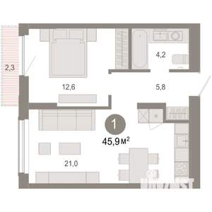 1-к квартира, вторичка, 46м2, 16/17 этаж