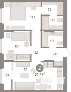 2-к квартира, вторичка, 65м2, 17/17 этаж