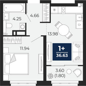 1-к квартира, вторичка, 37м2, 12/22 этаж