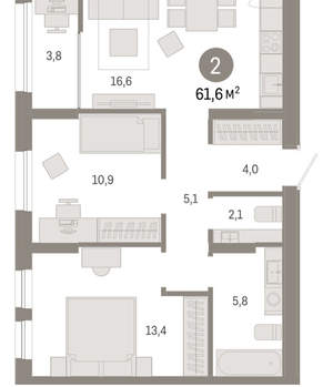 2-к квартира, вторичка, 62м2, 16/17 этаж