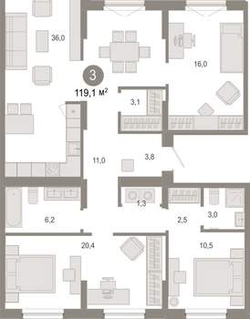 3-к квартира, вторичка, 119м2, 8/17 этаж