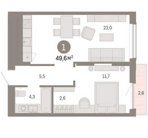 1-к квартира, вторичка, 50м2, 7/17 этаж