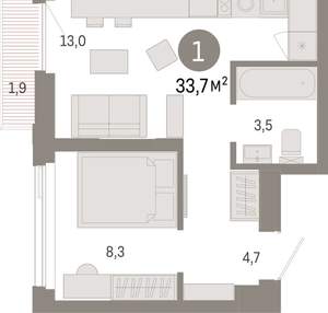 1-к квартира, вторичка, 34м2, 14/25 этаж