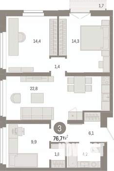 3-к квартира, вторичка, 77м2, 8/16 этаж