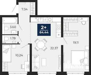 2-к квартира, вторичка, 64м2, 1/12 этаж