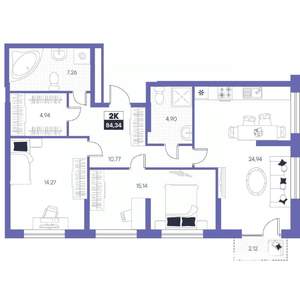 2-к квартира, строящийся дом, 84м2, 16/24 этаж