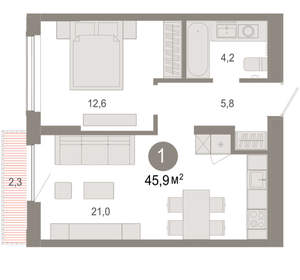 1-к квартира, вторичка, 46м2, 13/17 этаж