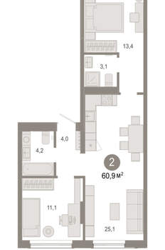 2-к квартира, вторичка, 61м2, 2/17 этаж
