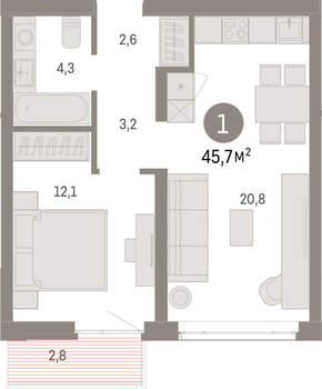 1-к квартира, вторичка, 46м2, 8/25 этаж