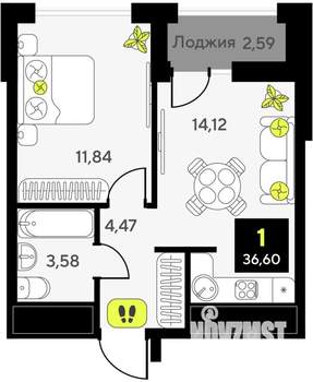 1-к квартира, вторичка, 37м2, 12/14 этаж