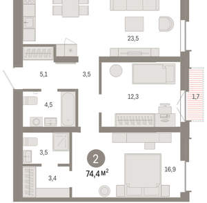 2-к квартира, вторичка, 74м2, 7/16 этаж