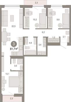 3-к квартира, вторичка, 82м2, 3/7 этаж