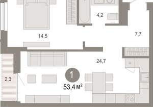 1-к квартира, вторичка, 53м2, 5/17 этаж