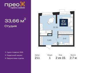 Студия квартира, вторичка, 34м2, 2/21 этаж
