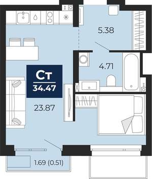 Студия квартира, вторичка, 34м2, 2/21 этаж