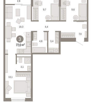 3-к квартира, вторичка, 77м2, 7/17 этаж