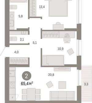 2-к квартира, вторичка, 65м2, 14/17 этаж
